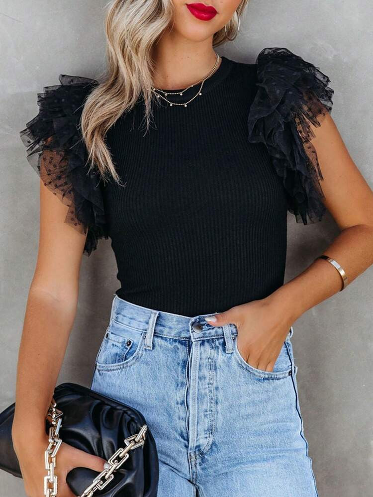 Acelitt Summer Simple Solid Color Mesh Ruched Hem Patchwork Crew Neck Pullover Blouse, Casual Everyday Wear Black | SHEIN