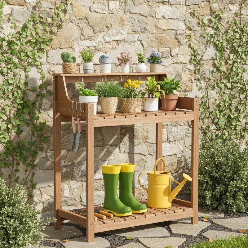 HDPS 3-layer Outdoor Garden Potting Bench Table with 4 Side Hooks | Wayfair North America