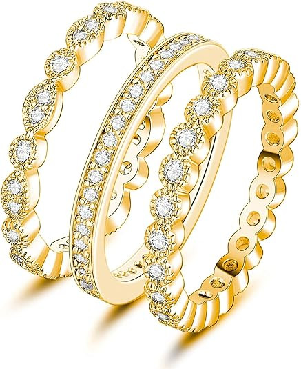 OPOMOMO 3Pcs 2mm Women Stackable Eternity Ring Wedding Bands,18K Gold Plated Cubic Zirconia Promi... | Amazon (US)