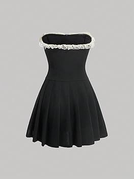 Women's Bow Front Strapless Sleeveless Party Bandeau Dress Lace Trim High Waist Pleated A Line Dr... | Amazon (US)