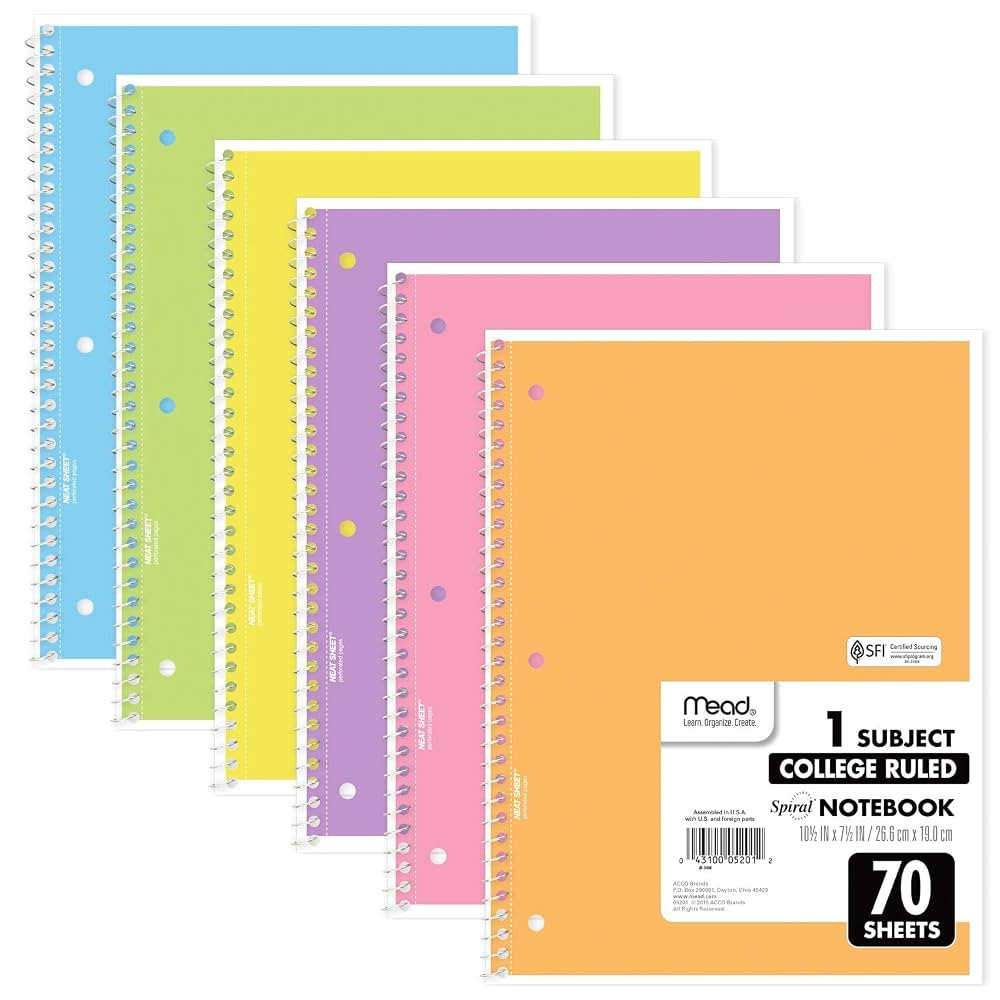 Mead Spiral Notebook, 6 Pack, 1 Subject, College Ruled Paper, 7-1/2" x 10-1/2", 70 Sheets per Not... | Amazon (US)
