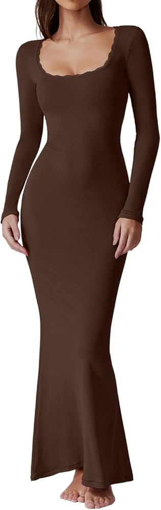 QINSEN Women's Ribbed Knit Long Sleeve Scoop Neck Maxi Dress with Lace Details Bodycon Dress | Amazon (US)