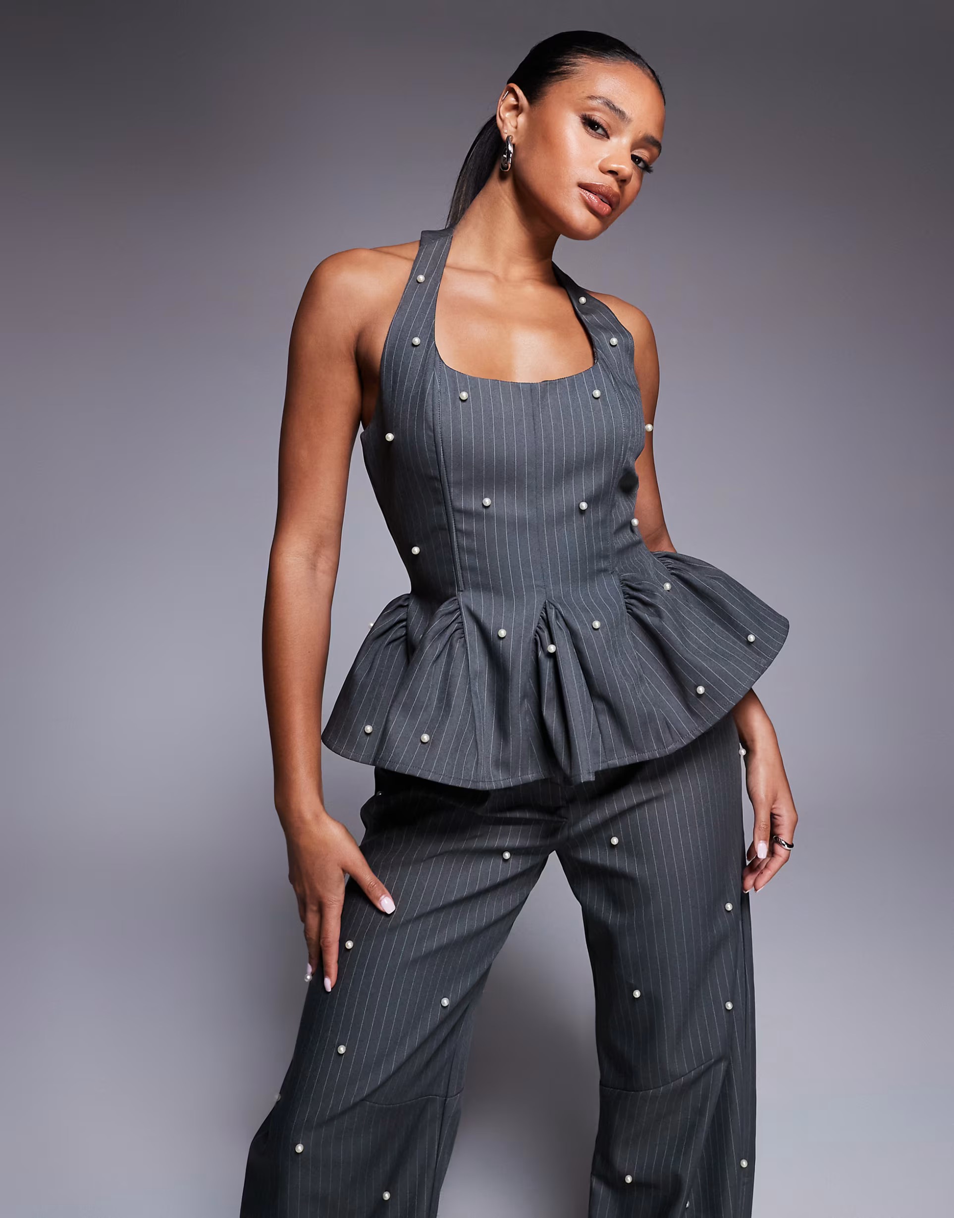 ASOS LUXE co-ord peplum corset top with pearls in grey pinstripe | ASOS | ASOS (Global)