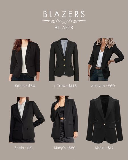 Black blazers for a spring/summer capsule wardrobe. 

Brands include: J.Crew, SHEIN, Amazon, Kohls, and Macy’s

#LTKstyletip #LTKSeasonal #LTKfindsunder100