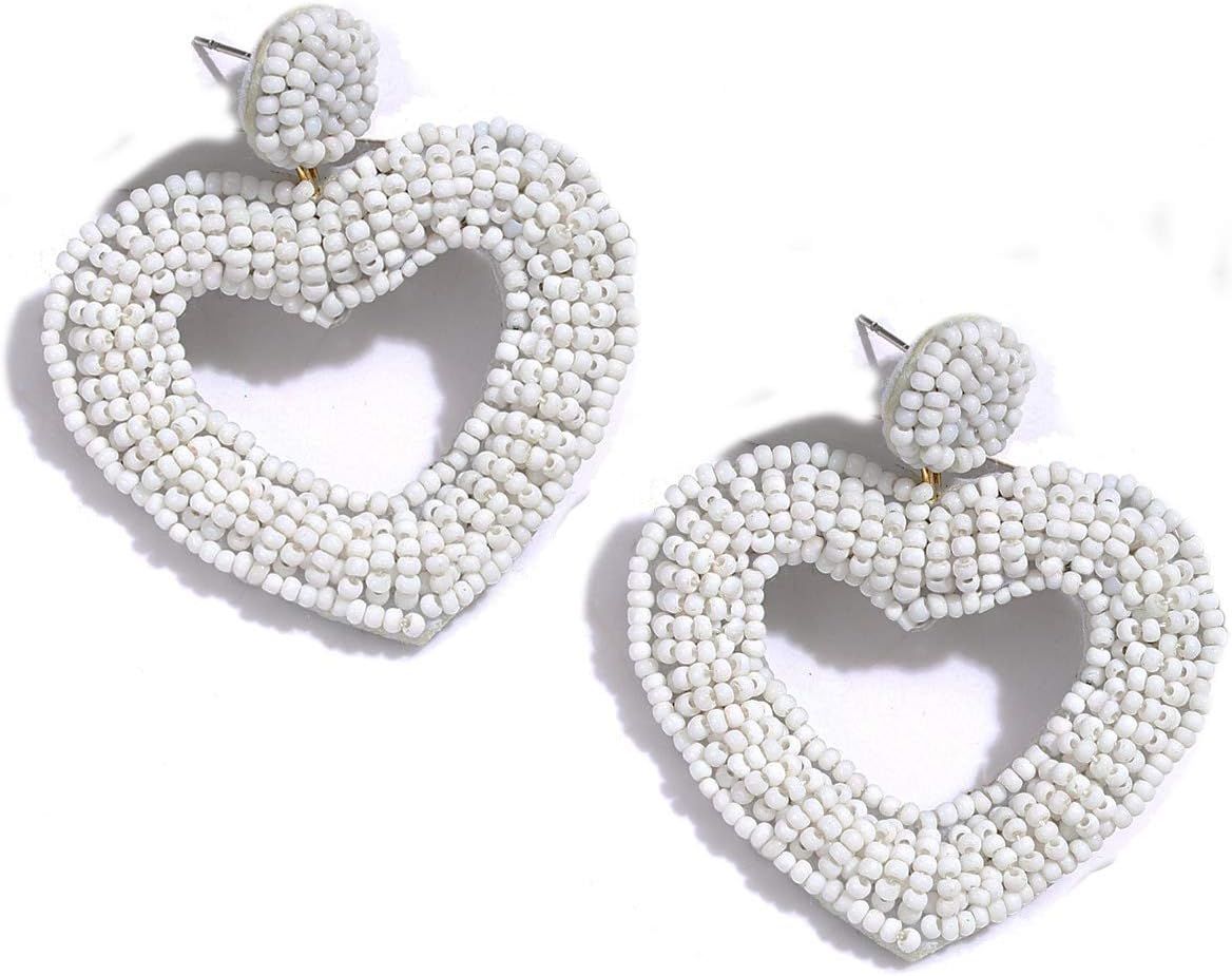 CEALXHENY Beaded Drop Earrings Handmade Seed Bead Heart Hoop Dangle Earrings Bohemia Statement Ea... | Amazon (US)