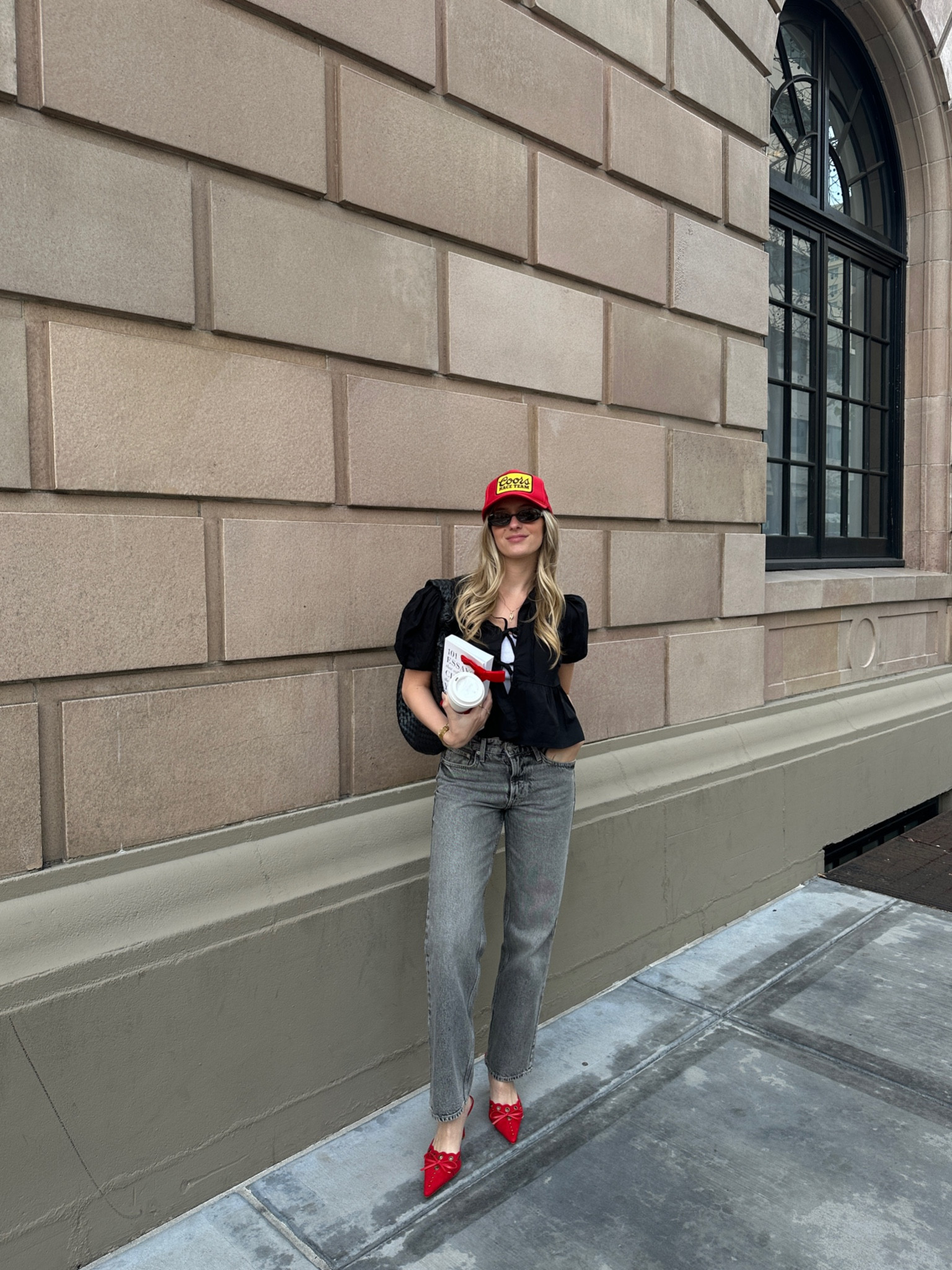 Shirt is H&M "Tie-detail puff-sleeved blouse" 