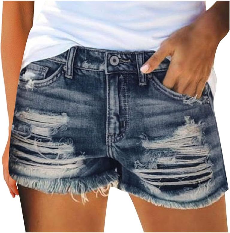 Denim Shorts for Women Distressed Ripped Jean Shorts Stretchy Frayed Raw Hem Hot Short Jeans with... | Amazon (US)