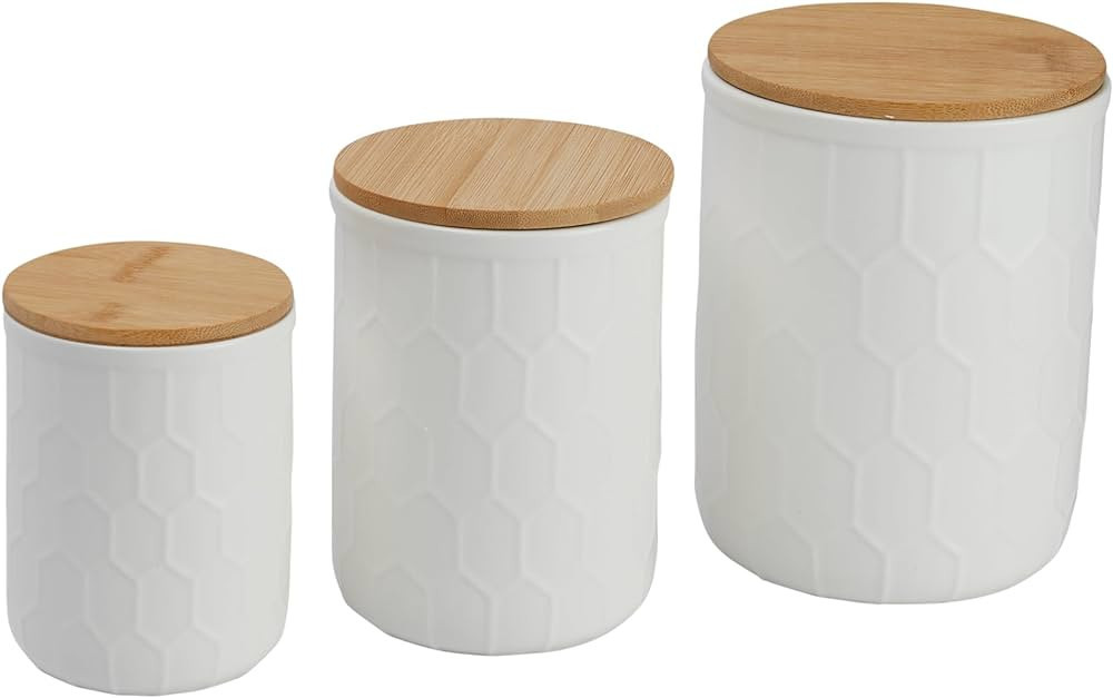 Bloomingville Farmhouse Stoneware Canisters with Honeycomb Design and Bamboo Lids, White and Natu... | Amazon (US)