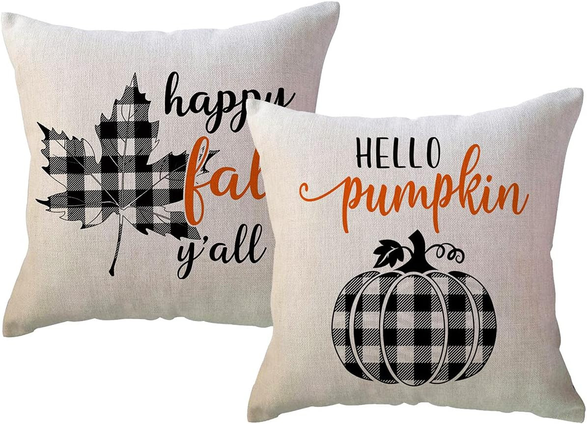 Autumn Fall Pillow Covers 18x18 Set of 2 Black Buffalo Plaid Check Pumpkin Maple Leaves Farmhouse... | Amazon (US)