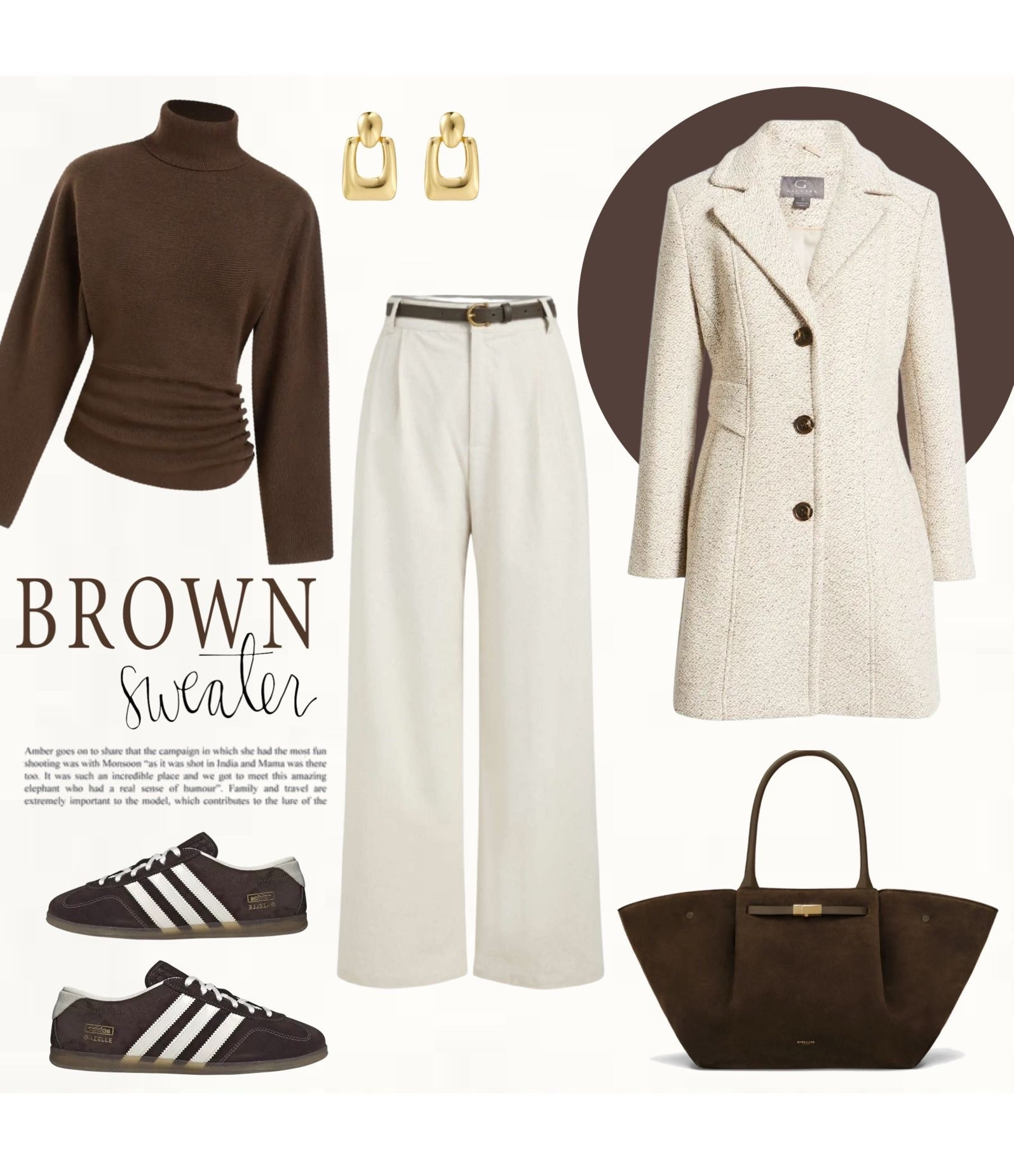 Rich brown sweater paired with high-waisted cream wide-leg trousers and a textured cream coat for a soft neutral winter outfit. Styled with brown sneakers, a structured brown tote bag, and gold earrings for an effortless yet elevated everyday look.

#NeutralOutfit #BrownSweater #EffortlessChic

#LTKSeasonal #LTKootd #LTKOver40