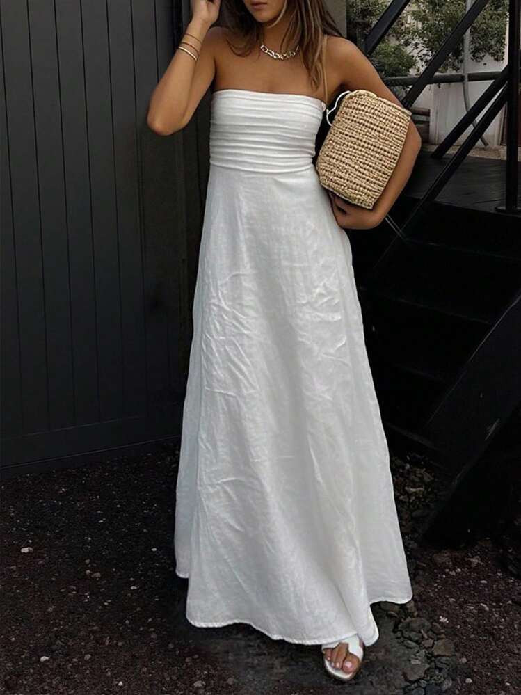 INAWLY Women's Fashion Casual Sexy Romantic Simple Solid Color Long Dress | SHEIN