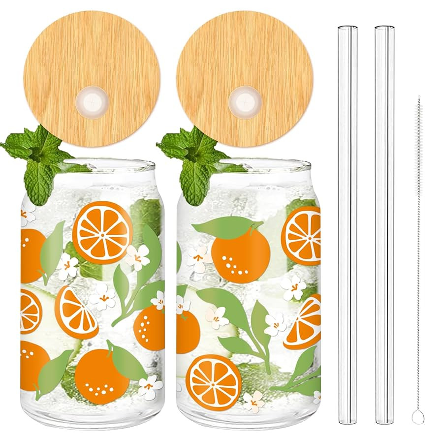 Whaline 2Pcs Orange Drinking Glasses 16oz Boho Orange Daisy Glasses Cup Summer Ice Coffee Cup wit... | Amazon (US)