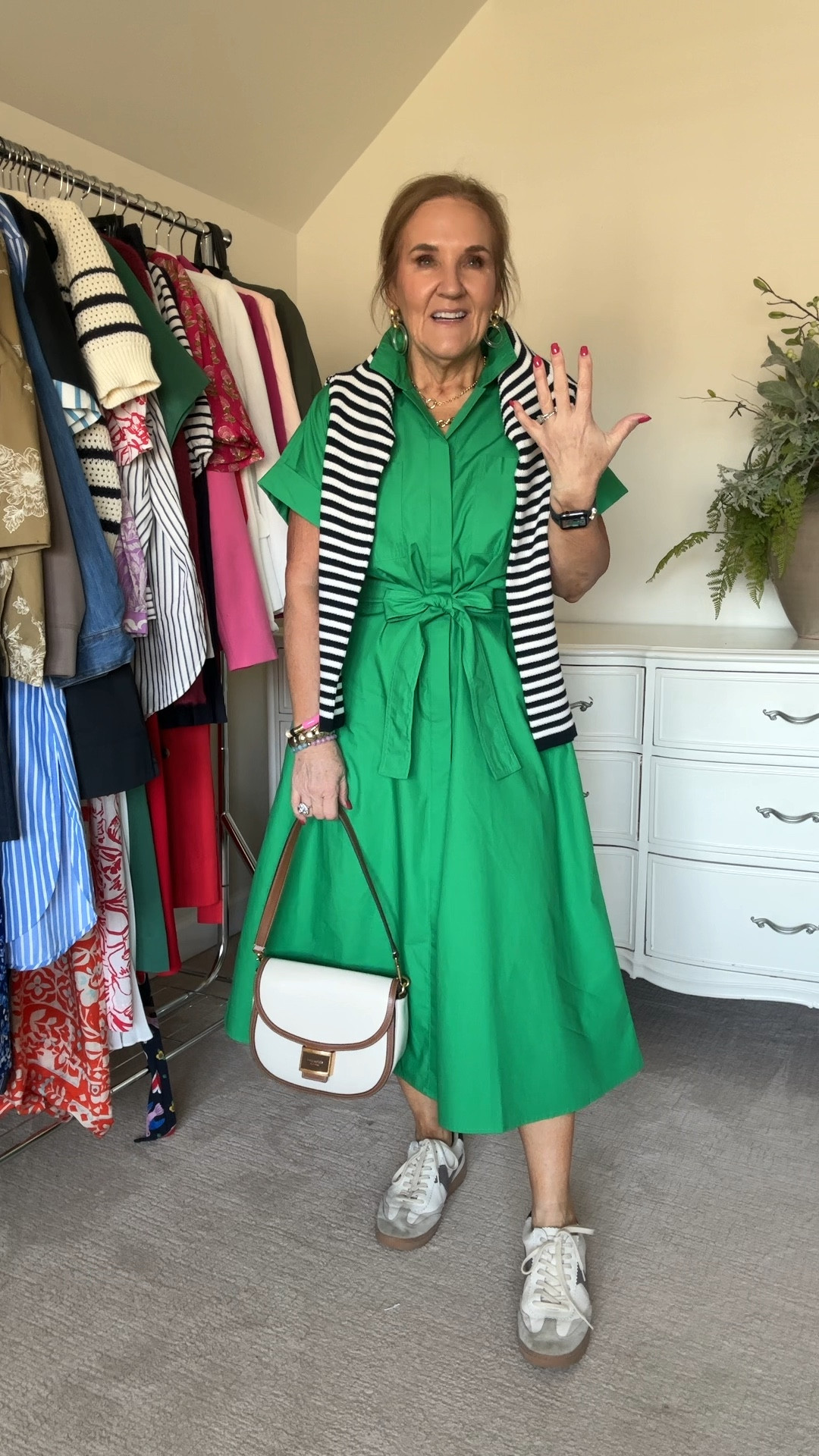 Kelly Green cotton Poplin shirt dress is gorgeous! Amazing quality. You do have to size down, I am wearing a small.
This striped navy sweater is a high crewneck and is a thicker rib sweater. Wear now and on cool nights in the summer wearing size medium. 
I’ll link a similar bag, but this cognac and white leather is a favorite combination for spring summer 
Eby bra discount code nanettefs15
Allie bessdiscount code NANETTE20
Banana republic factory resort where green dress Easter dress vacation dress travel, dress,  dresses and sneakers Dolce Vita notice sneakers

#LTKOver40 #LTKFindsUnder100 #LTKWatchNow