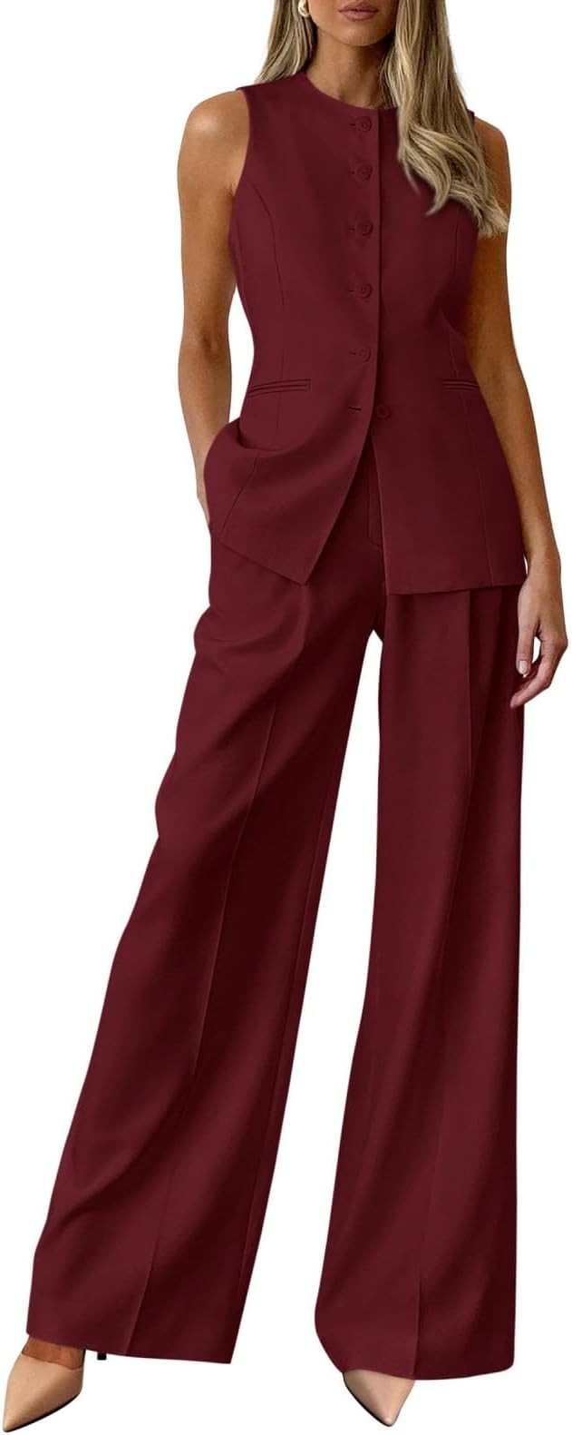 Vest Pants Suits for Women Dressy 2 Piece Set Business Casual Outfits Sleeveless Blazer and Wide ... | Amazon (US)