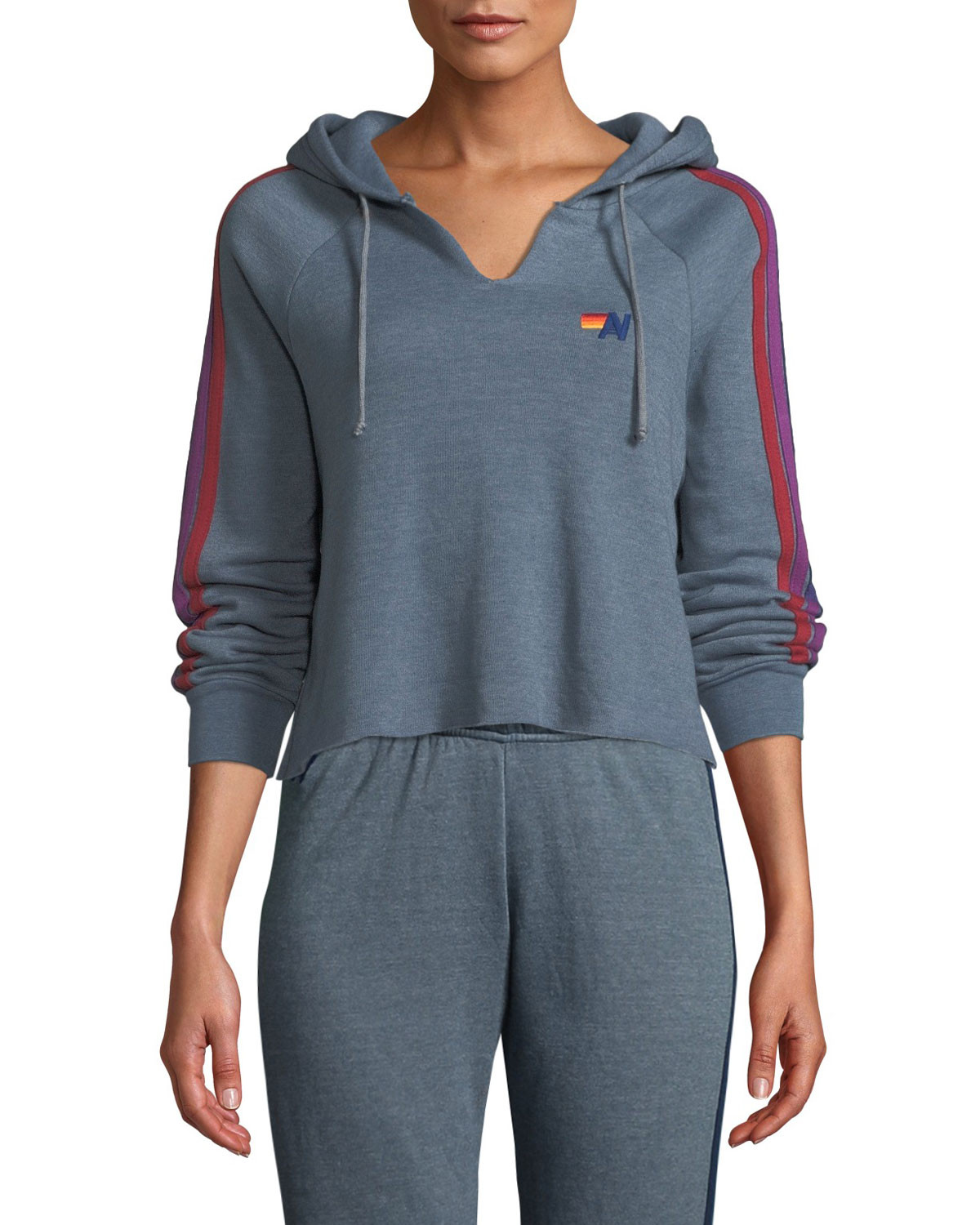 Split-Neck Cropped Pullover Hoodie | Neiman Marcus
