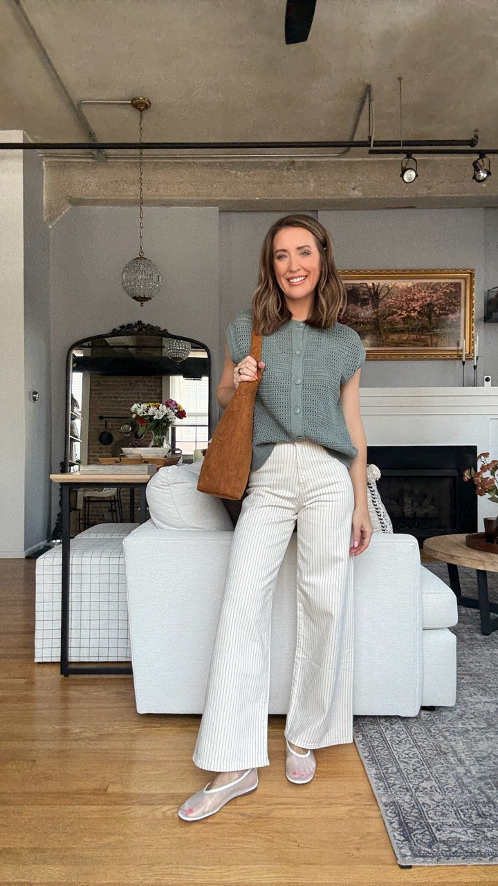 Transitional fall outfit from Target! Olive green sweater vest with buttons, cream striped jeans, white mesh ballet flats. Suede hobo bag. It's giving East Coast Summer with a hint of fall!  

 #LTKOver40 #LTKFindsUnder50 #LTKStyleTip