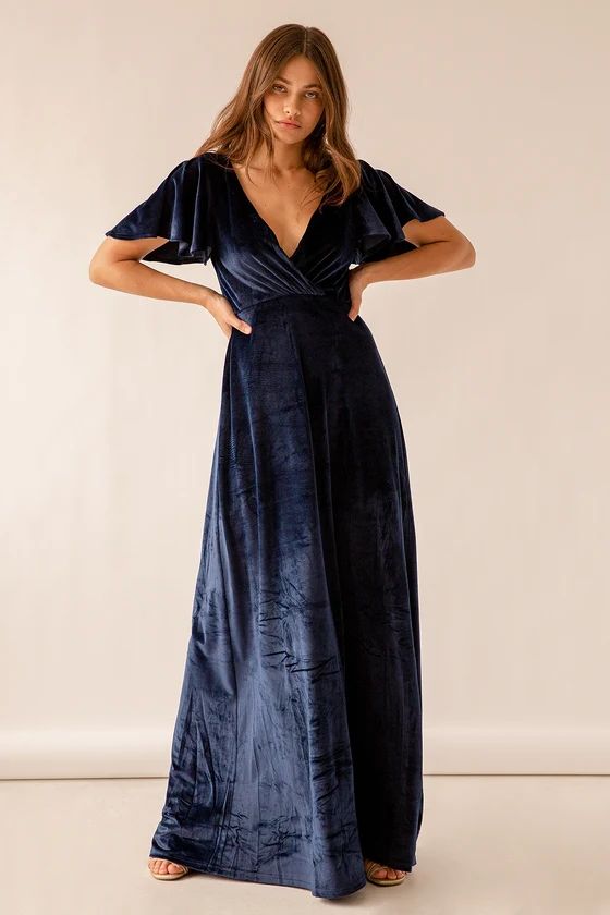 Absolutely Amazed Navy Blue Velvet Flutter Sleeve Maxi Dress | Lulus (US)