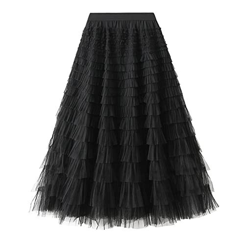 Dirholl Women's A-Line Fairy Patterned Elastic Waist Ruffle Tulle Layered Midi Skirt Tutu B Black | Amazon (US)