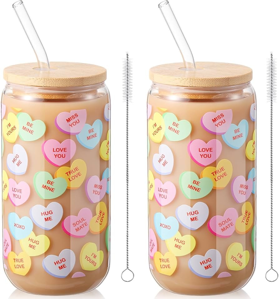 Sliner 2 Pcs Valentine's Day Cups Conversation Heart Glass Tumbler with Lid Straw Gifts 16 oz Ice... | Amazon (US)