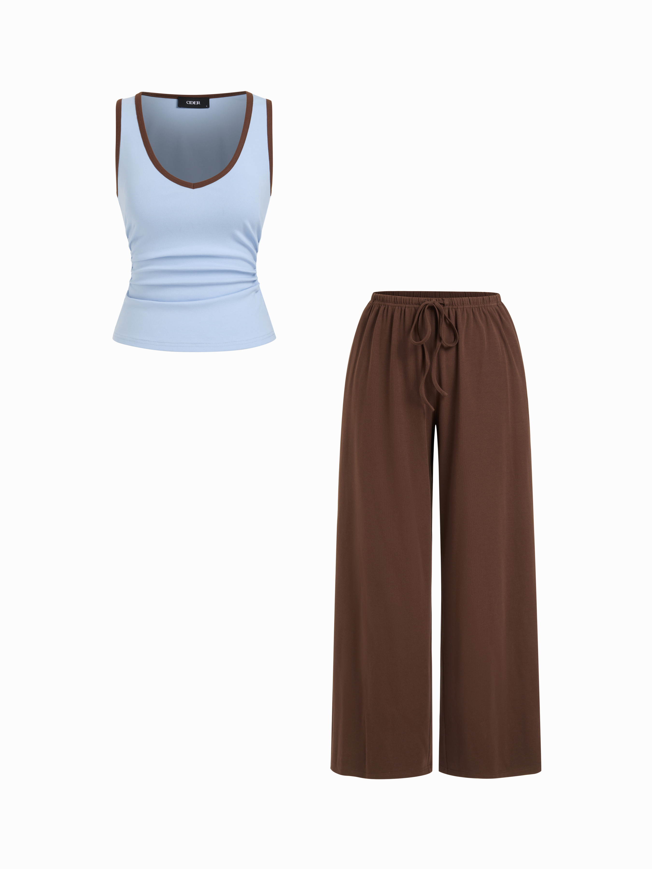 Knit Fabric Cotton-blend Scoop Neck Two Tone Ruched Tank & Mid Rise Drawstring Straight Leg Trous... | Cider