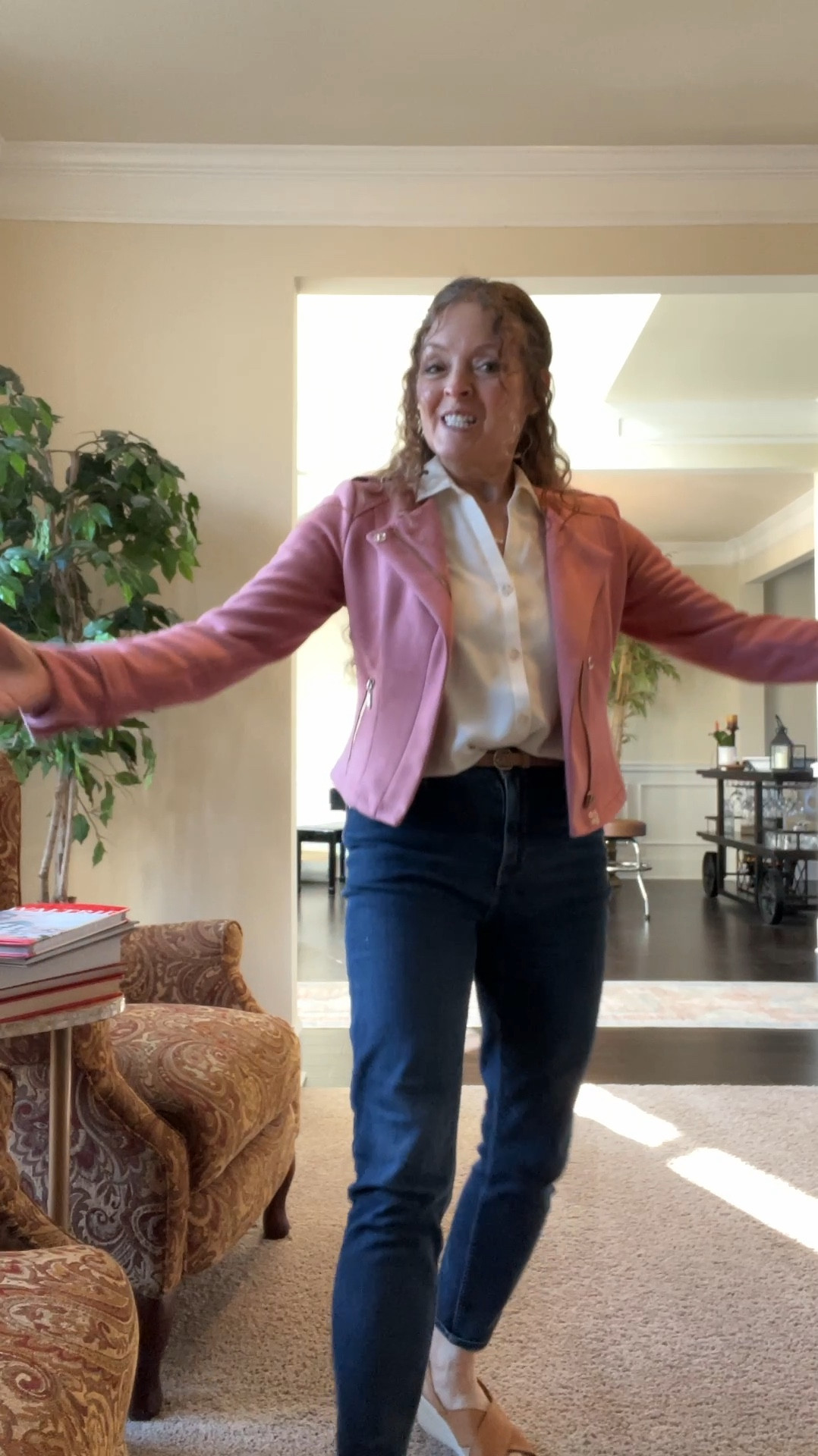 #OOTD for us 60+ ladies. 💕Don in this cute pink suede jacket over a basic cream collared blouse, skinny jeans Born sandals. Headed off to church this morning. Everyone have a wonderfully blessed day! 😍￼

#LTKOver40 #LTKootd