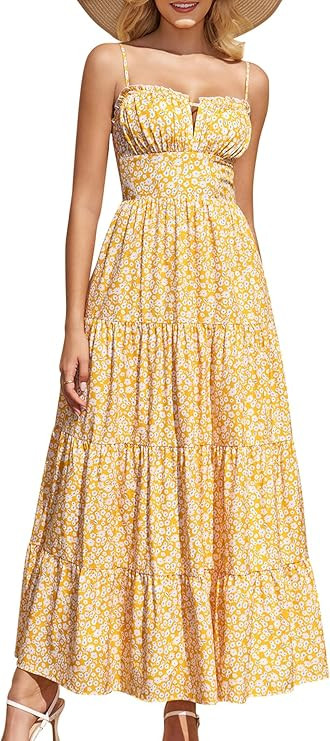 Women's Summer Floral Maxi Dress Casual Spaghetti Strap A Line Sundress with Pockets Beach Weddin... | Amazon (US)