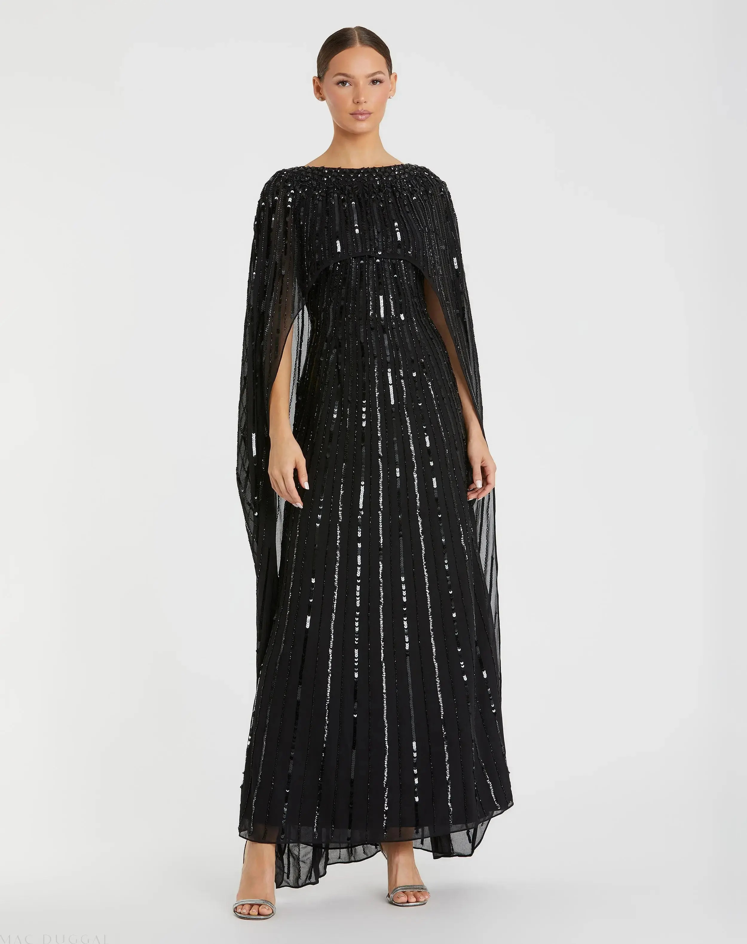 Mac Duggal - Black Embellished Beaded Column Cape Gown - US 20 | Mac Duggal