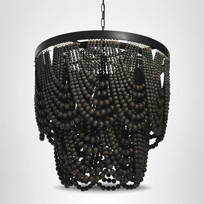 Creative Co-Op Black Metal Chandelier with Wood Beads | Amazon (US)