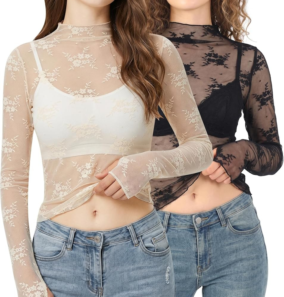 Women's Lace Mesh Tops Long Sleeve Sheer Shirts Y2K Floral Print Undershirt Mock Neck See Through... | Amazon (US)