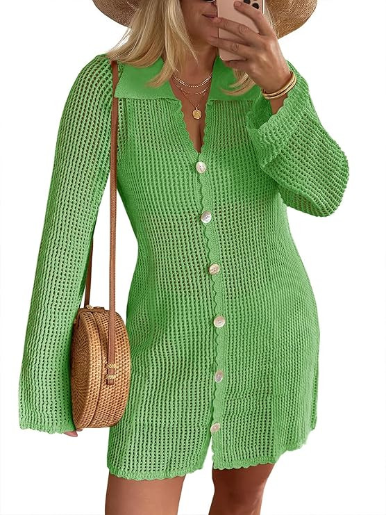 Saodimallsu Womens Crochet Swimsuit Coverup Button Down Long Sleeve Cardigan Mini Dress Beach Cov... | Amazon (US)