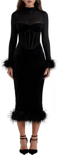 Lianna Feather Trim Long Sleeve Corset Midi Dress | Nordstrom