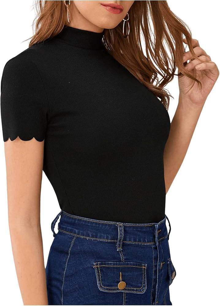 SweatyRocks Women's Mock Neck Ribbed Knit Scallop Short Sleeve T Shirt Tops | Amazon (US)