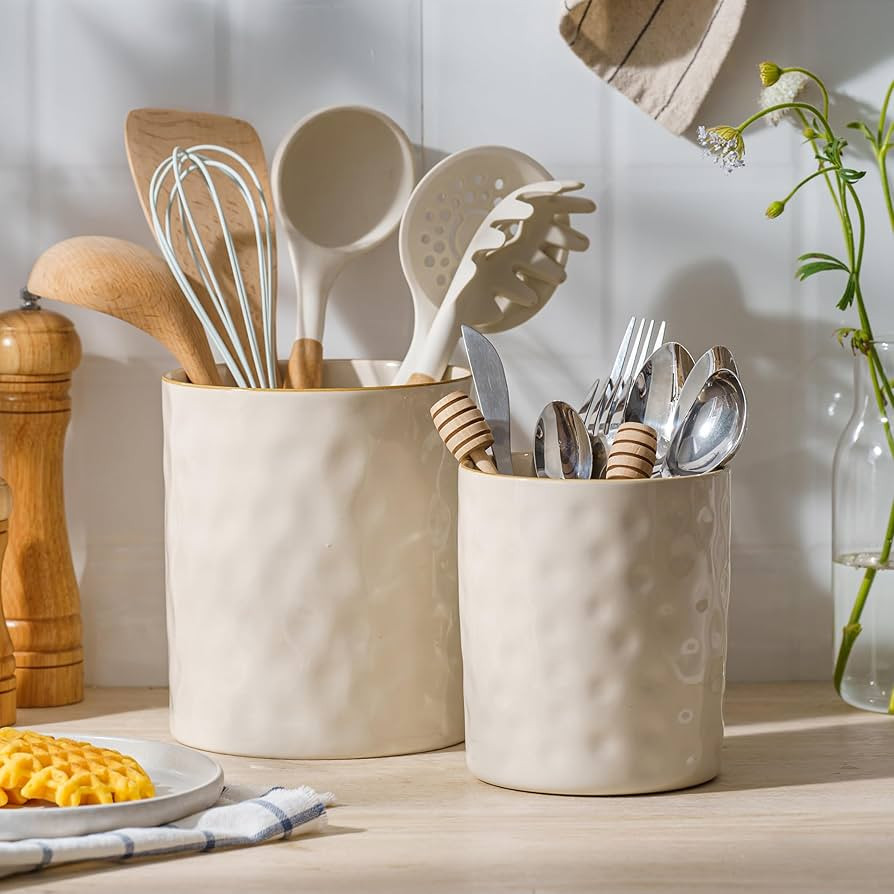 famiware Ocean Utensil Holder, 7.2"+5.8" Ceramic Kitchen Utensil Holder for Countertop, Cooking U... | Amazon (US)