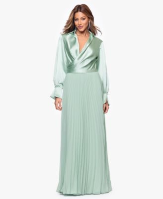 Xscape Women's Long Satin Long-Sleeves Collared Ball Gown - Sage | Macy's