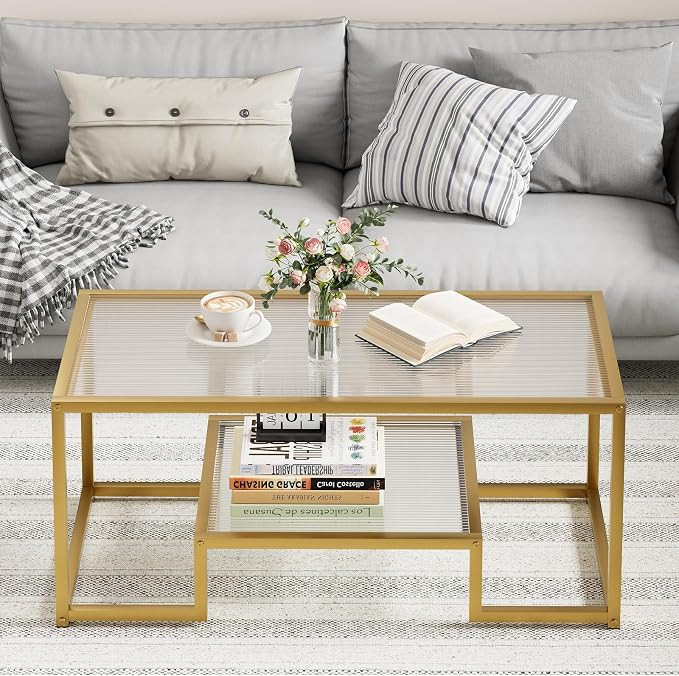 Coffee Table Gold Glass Coffee Table for Living Room,2 Tiers Rectangle Center Table with Ribbed G... | Amazon (US)