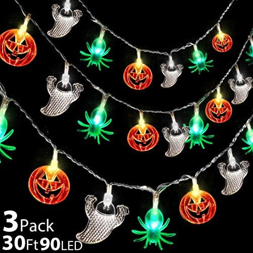 3 Pack Halloween Lights 30Ft 90 LED Halloween Decorations Indoor Outdoor Pumpkin Ghost Spider Lights | Amazon (US)