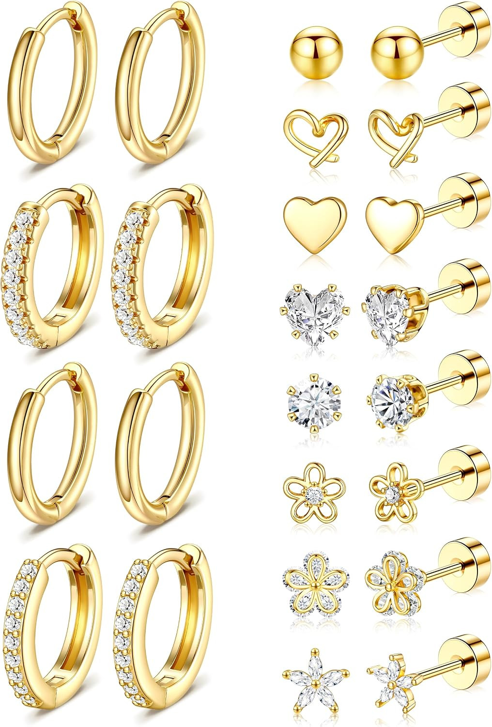 Hypoallergenic Gold Stud Earrings for Women - 14k Gold Plated Surgical Stainless Steel Flat back Earrings Set Small Huggie Hoop Flatback Earring for Sensitive Ears Screw Back Cartilage Piercing Jewelry | Amazon (US)