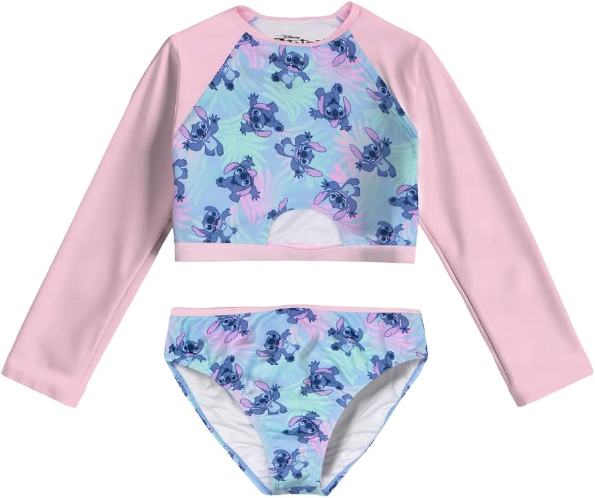 Disney Lilo & Stitch Girls 2-Piece Swimsuit Set, Long-Sleeved Rash Guard and Bikini Bottoms, Quic... | Amazon (US)