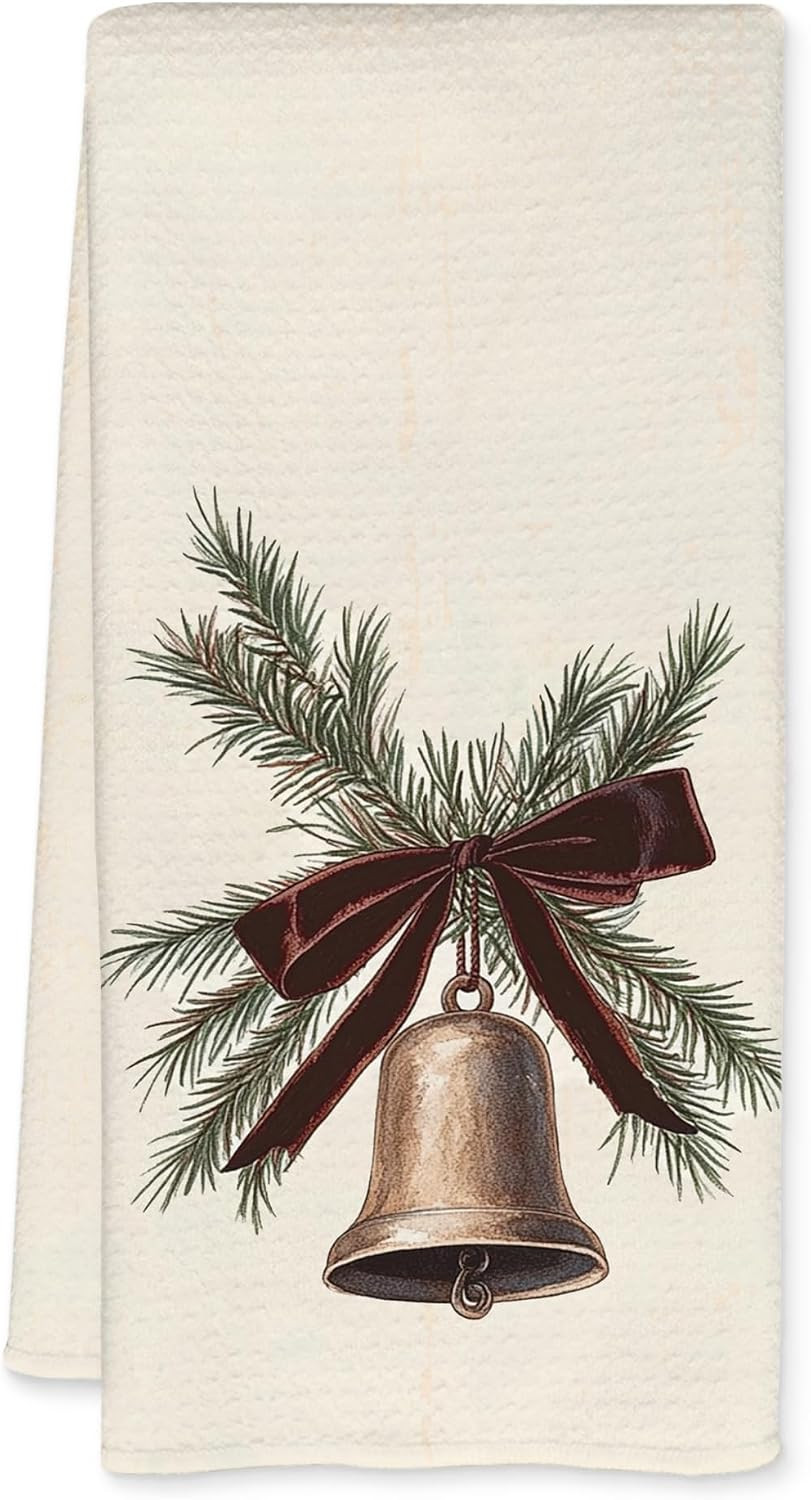 Vintage Christmas Kitchen Towels, Christmas Neutral Dish Tea Towels for Kitchen Decor, Ribbon Bow Bell Xmas Decorative Hand Towel for Bathroom, 16x24 Inch | Amazon (US)
