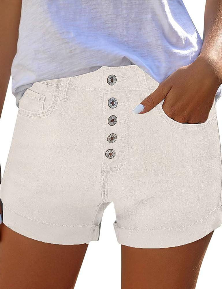Uqnaivs Women's Casual High Waisted Cuffed Hem Stretchy Ripped Denim Jean Shorts | Amazon (US)