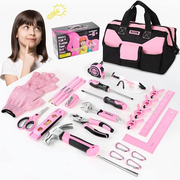 SHALL 26-Piece Kids Size Tool Set, Pink Real Tools for Kids with 12" Tool Bag, Safety Certified C... | Amazon (US)