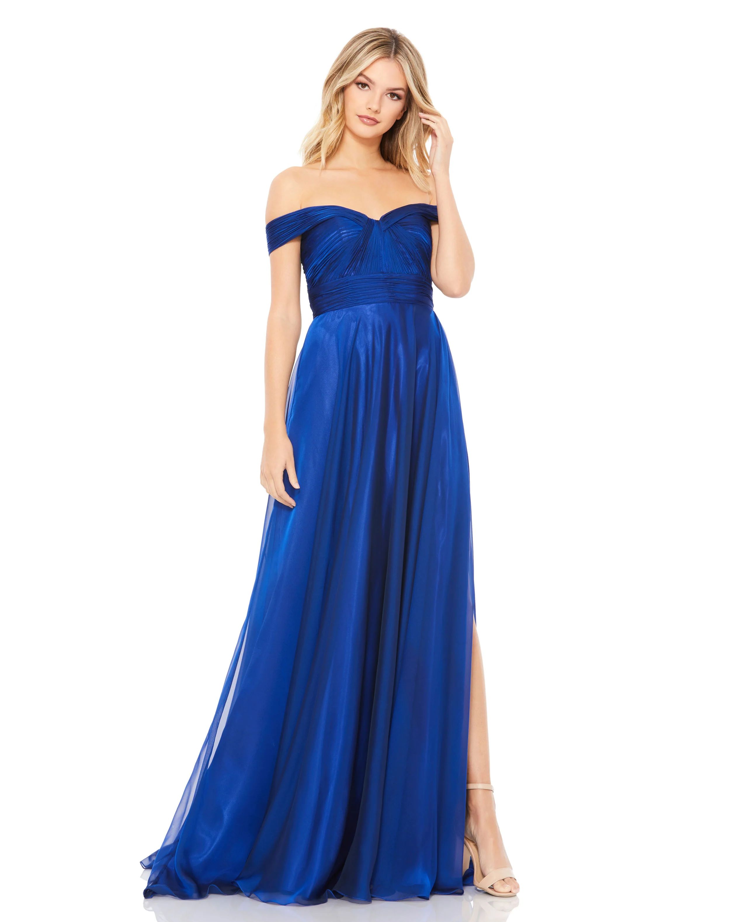 Off The Shoulder Ruched A Line Gown | Mac Duggal