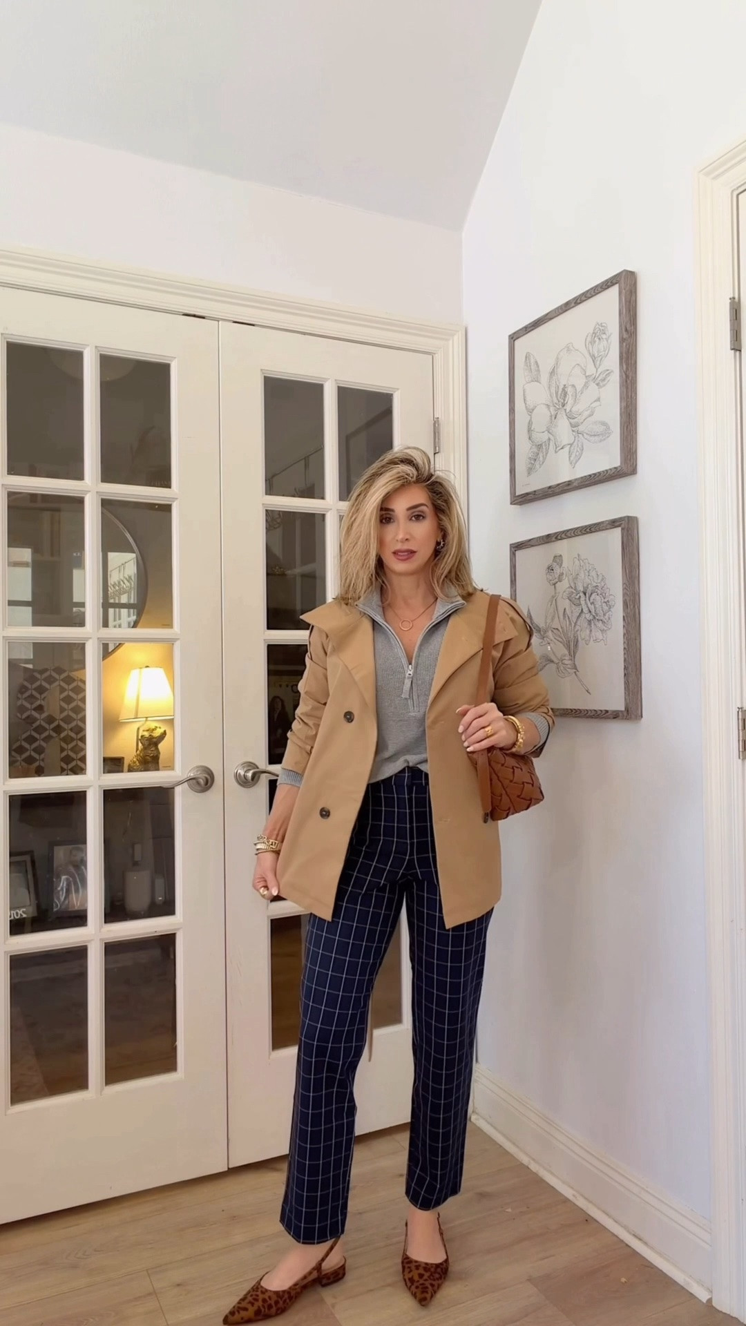 Denim took the day off! Love the fit of these classic navy plaid pants for fall. Paired with easy layers and my favorite leopard print flats. 🤎🐆💙

Fall outfits women over 50, trench coat, cropped trench coat jacket, quarter zip grey sweater, petite style, workwear outfits, business casual workwear