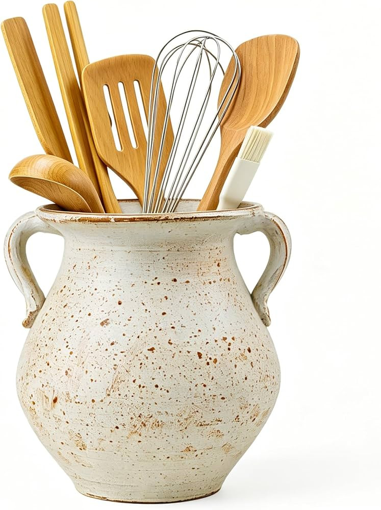 Rustic Kitchen Utensil Holder for Countertop, 7.6x4.9In Large Ceramic Cooking Utensil Crocks for ... | Amazon (US)