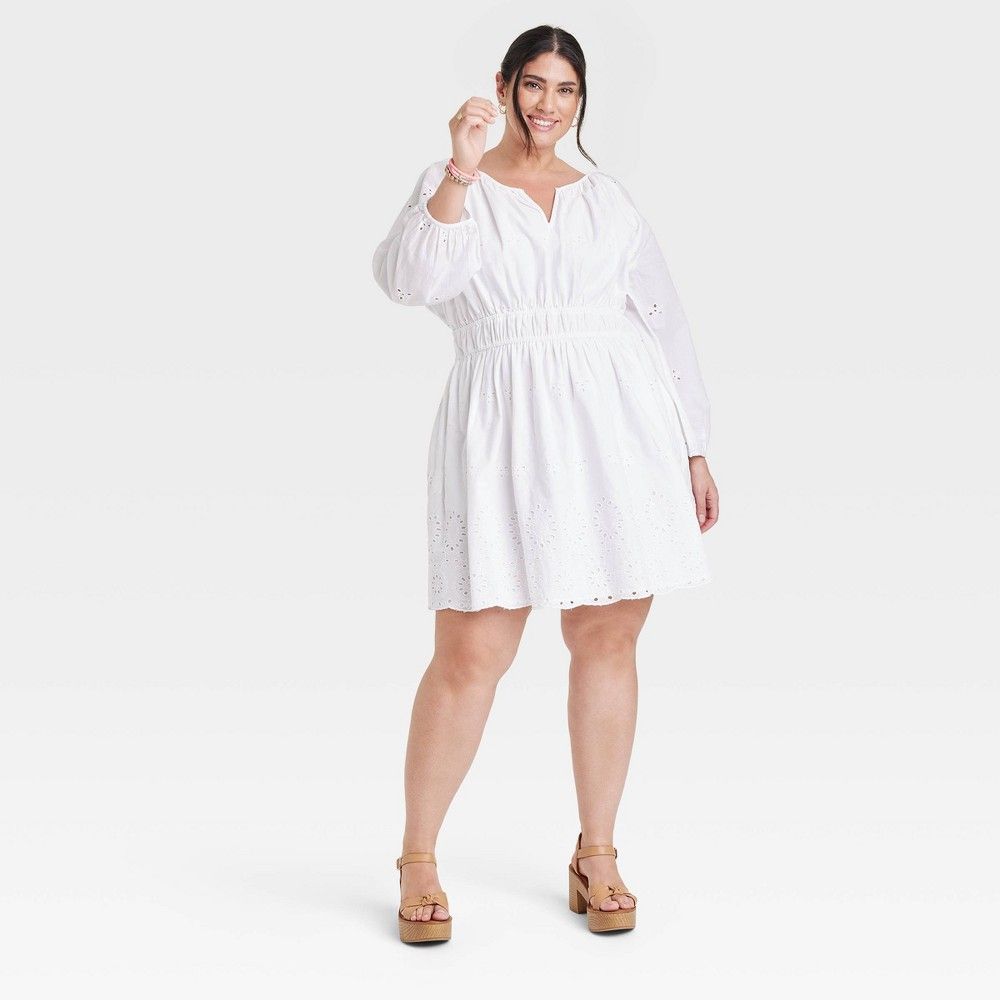Women's Puff 3/4 Sleeve Eyelet Dress - Universal Thread White 2X | Target