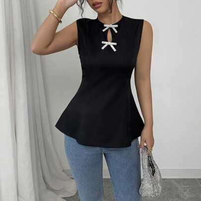 2025 Spring & Summer New Black Round Neck Cutout Bow Decor Cinched Waist Slim Fit Sleeveless Blouse, Elegant & Fashionable | SHEIN