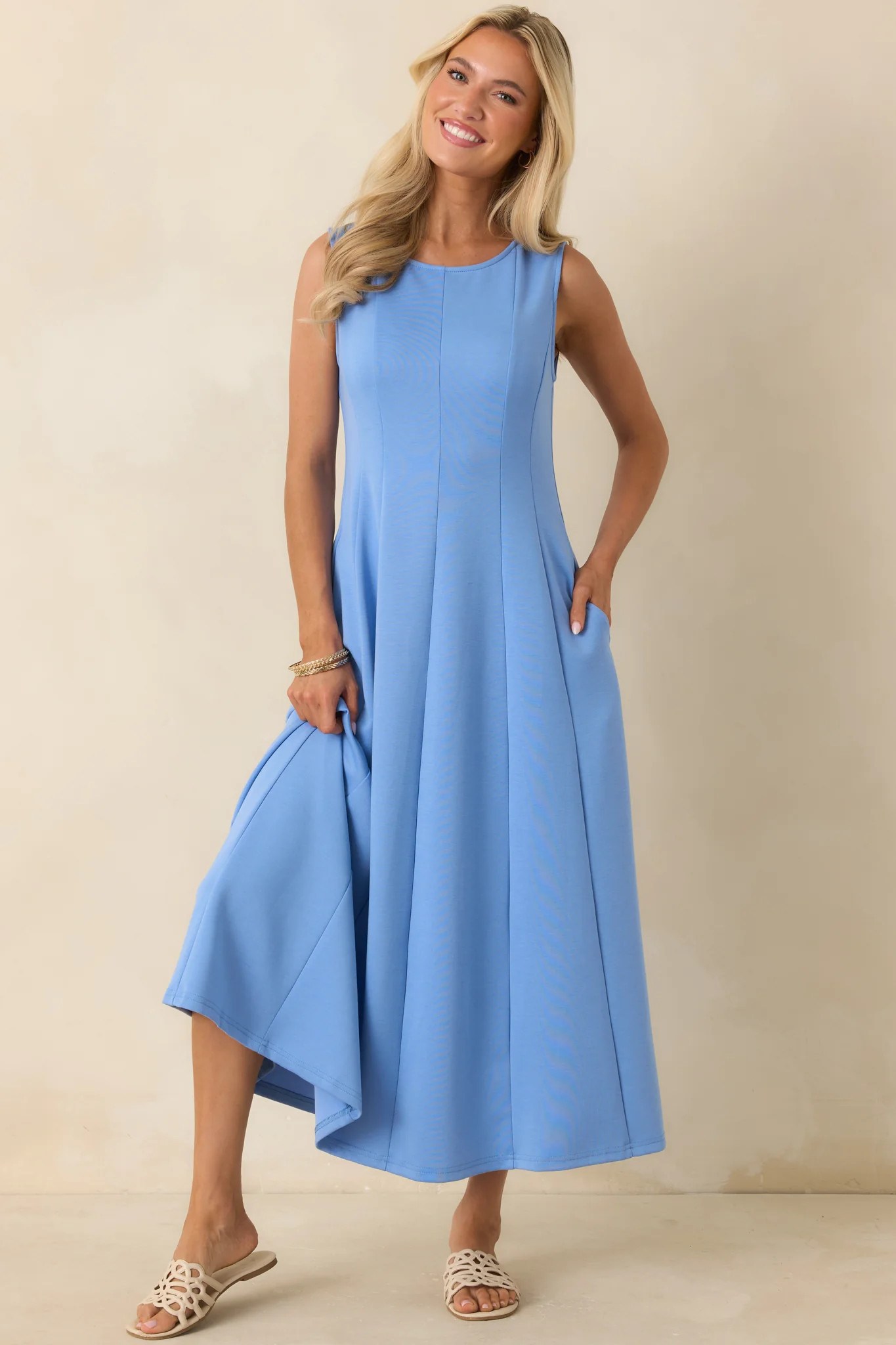 Soft Landing Light Blue Paneled Sleeveless Midi Dress | Red Dress