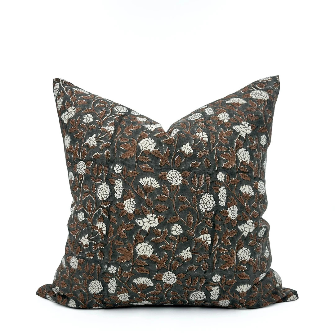 Floral Block Print Throw Pillow Cover Euro Sham Dark Charcoal Moody Bedroom Decor Small Cushion F... | Etsy (US)