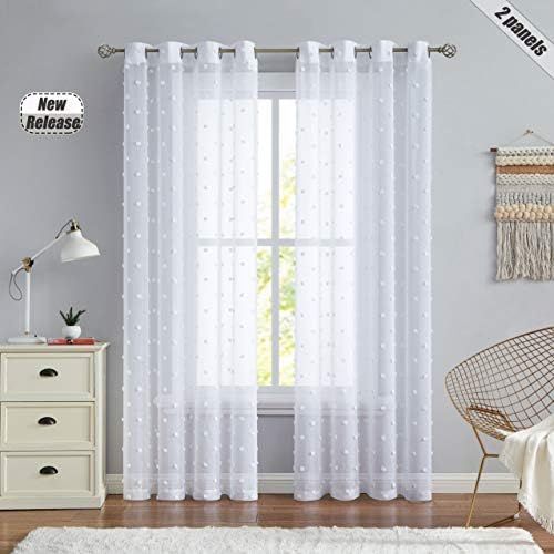 Beauoop Semi Sheer Window Curtains 84-inch Long for Girls Room Bedroom Pretty Pom Pom Dot Floral ... | Amazon (US)