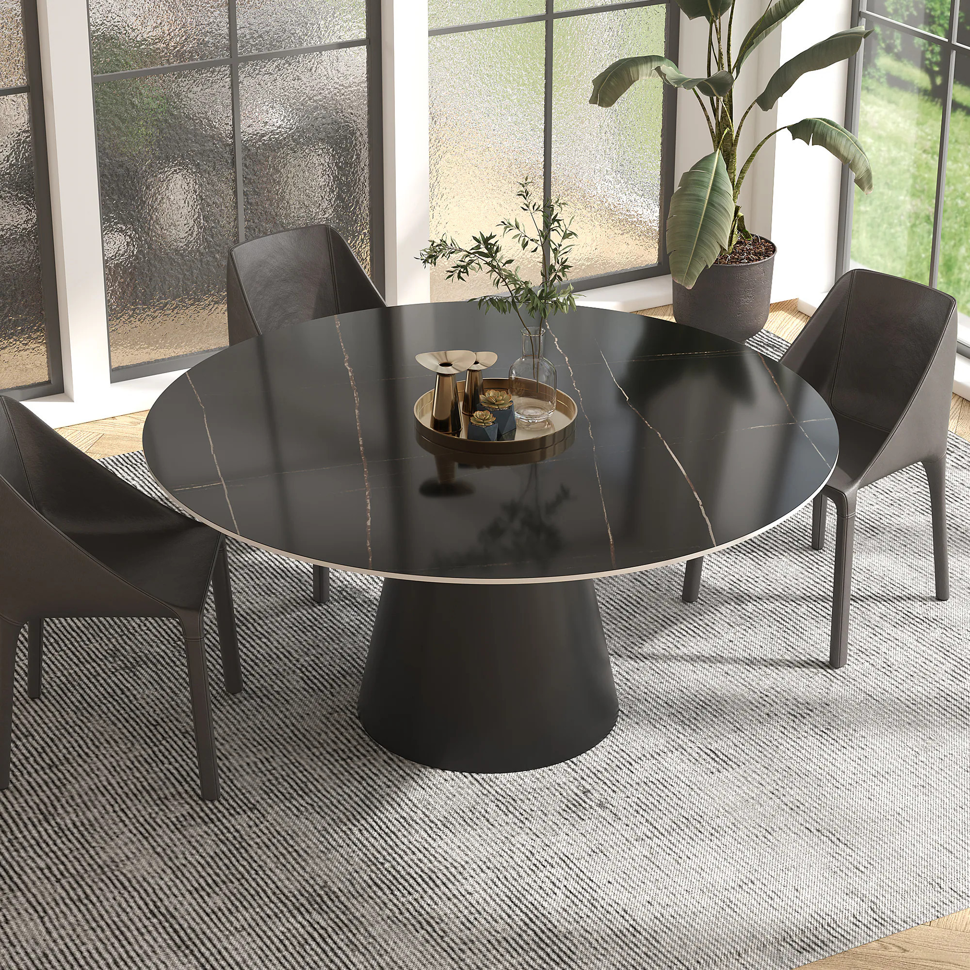 Lowe's Black Round Contemporary/Modern Marble Dining Table, with Black Finish and Metal Pedestal Base 53.15-in L x 29.53-in H Stainless Steel | Lowe's